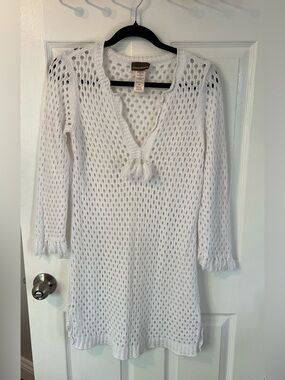 Tommy Bahama White Crochet Cotton Beach Cover Up Tunic Dress M